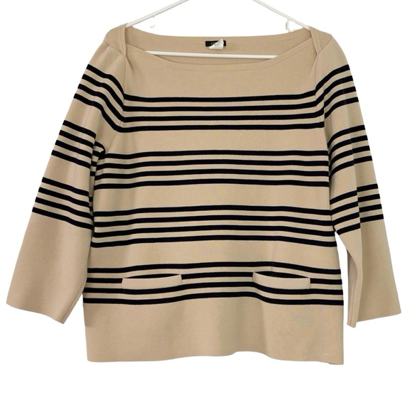 J Crew Striped Sweater Womens Size Large Pocket Cream Black Preppy Pullover - Picture 1 of 11